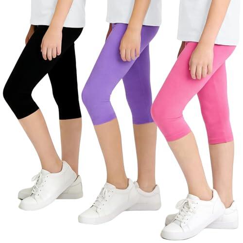 JinBei Mallas Niña 3/4 Capri Leggings Algodón Cortos Capri Pantalones Verano Confort Cintura Elástica Ciclismo Danza Deporte Infantiles Legging Pack de 3 para 10-11 años, Rosa Morado Negro