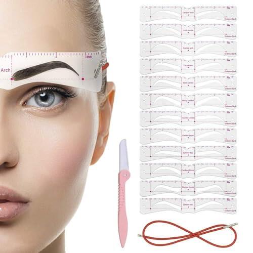 KAHZOR 12 Plantillas de Cejas para Mujeres, Kit de Plantillas Reutilizables con Cuerda Fija y Cuchilla para Cejas, Diseño de Cejas Preciso y Simétrico, DIY, Maquillaje
