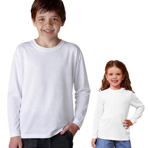 Vida Sol Camiseta Manga Larga Infantil 100% Algodón, 1 Unidad, Unisex, Cuello Redondo, Suave y Transpirable, Diseño Básico y Cómodo, Ideal para Uso Diario, Tallas 9-10 Años, Blanco