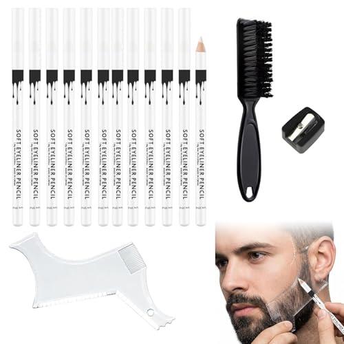 12 Piezas Lápiz De Peluquero Blanco, Lápiz Delineador De Barba para Delinear La Línea Del Cabello Y Dar Forma A La Barba, Incluye 1 Plantilla Barba, 1 Sacapuntas Y 1 Cepillo