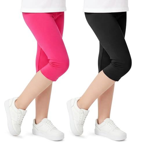 Domueay Leggings Capri Niña Mallas 3/4 Algodón Transpirable Suave Elásticos Pantalón Cortos Pack de 2 Color Sólidos Legging Deporte Gimnasia Verano Ropa para Niñas 9-10 Años, Negro Magenta