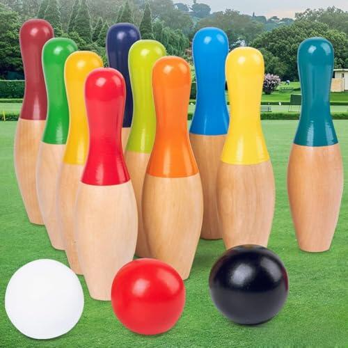 RASTKY Juego de Bolos de Madera para Niños y Adultos, para Interiores y Exteriores, con 10 Bolos 3 Bolas, Juego de Patio de de Madera Portátil para el Desarrollo de Habilidades Motoras Entrenamiento