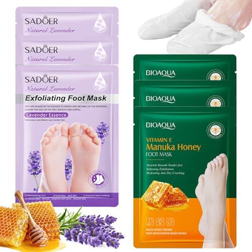 6 Pares Mascarilla Pies Peeling,exfoliante pies,Calcetines Exfoliantes con Lavanda & Miel,Cuidado de Pies para Reparar el Talón Agrietado y Secos - Foot Peel Mask
