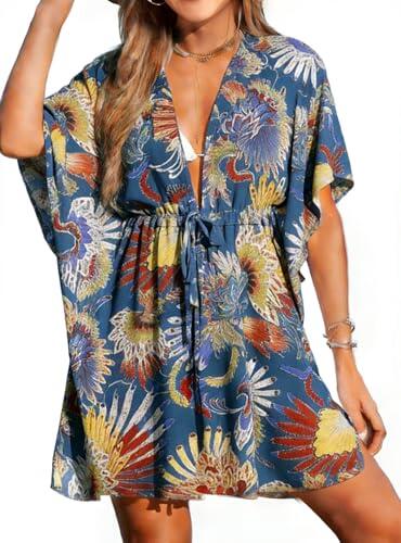 Vossmi Vestido de Playa para Mujer Ropa de Baño Cover Up Casual Dress Playa con Cordón Manga Corta Bikini Vestido Coverups Verano Azul Marino Talla única