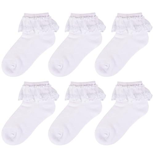 QKURT 6 pares de calcetines de encaje esponjosos para niñas, color blanco, con volantes, de una sola capa, para ballet, uniforme escolar de princesa, de algodón, con volantes, de 1 a 9 años