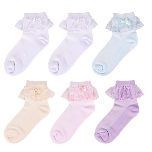 QKURT 6 pares de calcetines de encaje con volantes para niñas, color blanco, con volantes, para ballet, escuela, uniforme de princesa, de algodón, de una sola capa, de 1 a 9 años