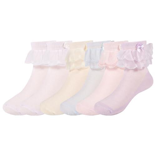QKURT 6 pares de calcetines con volantes para niñas, Elegantes calcetines de ballet blancos hasta el tobillo con volantes y ribete de encaje de algodón de doble capa para niñas de 1 a 9 años.