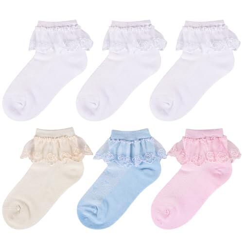QKURT 6 pares de calcetines de encaje esponjosos para niñas, color blanco, con volantes, de una sola capa, para ballet, uniforme escolar de princesa, de algodón, con volantes, de 1 a 9 años
