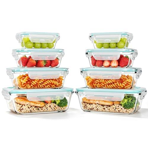 HAUSVIVO Set de 8 Recipientes Herméticos de Cristal – 4 Tamaños x 2 – Fiambreras de Vidrio con Tapa – 1040ml/640ml/370ml/180ml – Apto Microondas, Horno, Congelador – Sin BPA – Ahorro Pack Familiar
