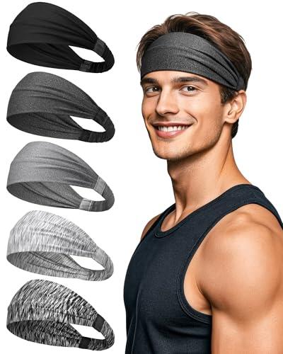 AWUMBUK Cinta Pelo Deporte 5 Pcs Diadema Hombre, Absorbe El Sudor Y Transpira Headband Elástico Cinta De Pelo Deportiva Ideal para Entrenamientos De Fitness