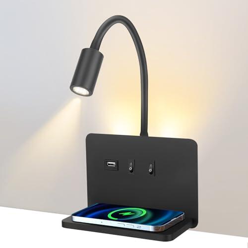 Eirolace - Lámpara de lectura de pared, 3 W + 10 W con interruptor y cargador inalámbrico, lámpara de pared LED con cuello de cisne giratorio de 360 ° con retroiluminación para dormitorio (1)