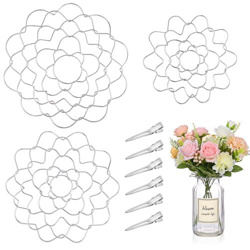 Aysatogc 3 soportes para flores para jarrones, rejilla para flores de acero inoxidable en 3 tamaños de 4 pulgadas, 5 y 6 pulgadas, soporte de tallo con 6 pinzas para pico de pato para manualidades
