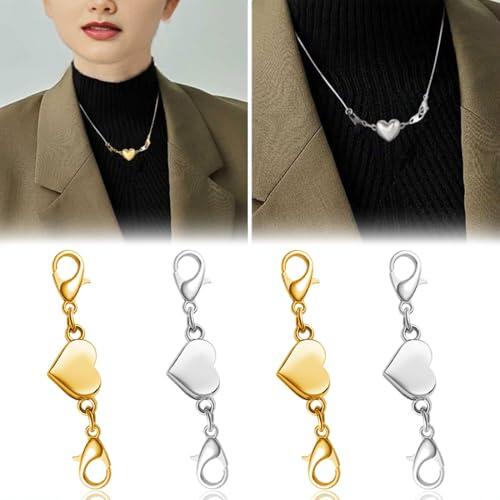 BAUCH 4 Unidades Extensiones Magnéticas para Collares, 2 Doradas y 2 Plateadas con Cierre de Corazón, Cierres para Collares y Pulseras, Accesorios de Bisutería