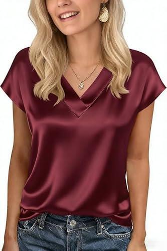 Xiaoliny Blusa de Satén Mujer Elegantes Camiseta de Manga Corta con Cuello en V Verano Casual Camisa Básica T-Shirts Liso Holgada Top Colores Sólidos Fluida Blusas para Salir Oficina Fiesta Diario