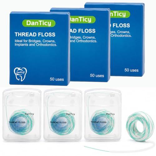 DanTicy Hilo Dental Enhebrador, Brackets, Puentes, Implantes, 150 Hebras | Punta rígida, fibras esponjosas expandibles, limpieza profunda en espacios anchos, encías sensibles, sin accesorios aparte