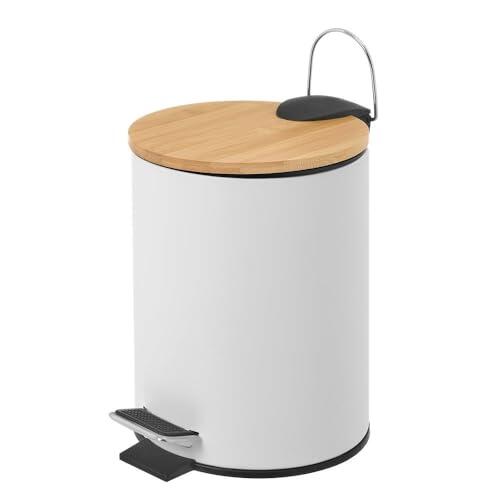 LOLAhome - Papelera Redonda de 5 litros de Pedal de Metal Blanco y Tapa de Bambú para Baño - Cubo Interior Extraíble y Acabado Mate Antihuellas