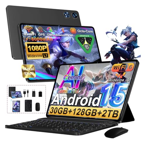 Tablet Android 15 Gemini AI, 128GB ROM+2TB TF, 30 RAM, 10 Pulgadas Tableta táctil con Teclado y ratón, 1280 * 800 IPS HD, Widevine L1, 2.4G/5G WiFi, Octa-Core, 5MP+8MP, BT 5.0, 8000mAh, Metálica Negro