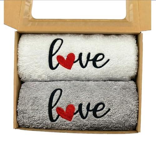 MFAZ Morefaz Ltd Regalo de San Valentín - Juego de 2 toallas de baño de 50 x 100 cm con caja de regalo decorativa, diseño de corazón (gris - blanco, mediano)