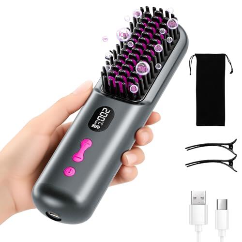 Cepillo alisador de pelo inalámbrico, portátil, para viajes, con iones negativos, 9600 mAh, recargable por USB, con peine caliente para mujer (Gris)