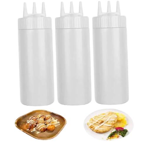 Bemonew Botellas exprimibles para salsas 3 unidades 650 ml transparentes con tapa de rosca 3 orificios a prueba de fugas lavables rellenables para cocina.