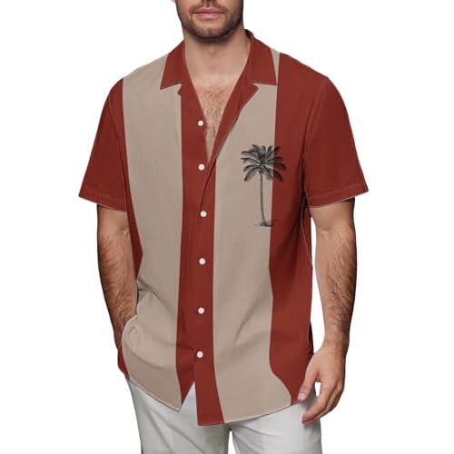Camisetas hawaianas para hombre, estilo casual, con botones, estampado de cocotero, color de contraste, manga corta, cuello de solapa, camiseta de verano, ligera, transpirable, para vacaciones, playa