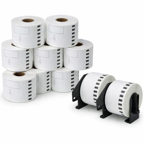 Pack de 10 Rollos Etiquetas Adhesivas DK-22205 para Brother QL – 62mm x 30.48m – Cinta Continua de Papel Térmico con 2 Soportes Reutilizables – Alta Adherencia y Resistencia – Negro sobre Blanco