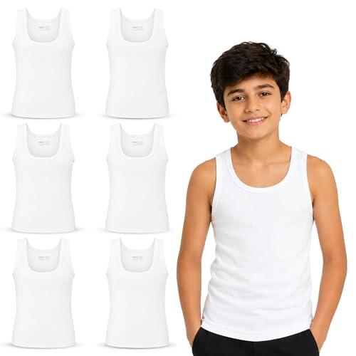 UNDEREA Pack de 6 camisetas interiores para niño, clásicas, acanaladas finas de 100% algodón peinado, para escuela, deporte, uso diario, Blanco, 152-158