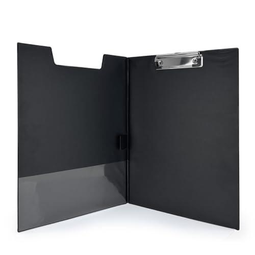 Portabloques A4 con solapa y pinza – Soporte rígido recubierto de PVC negro – Portadocumentos profesional con bolsa interior y gancho para colgar – Ideal para reuniones, astilleros, oficinas