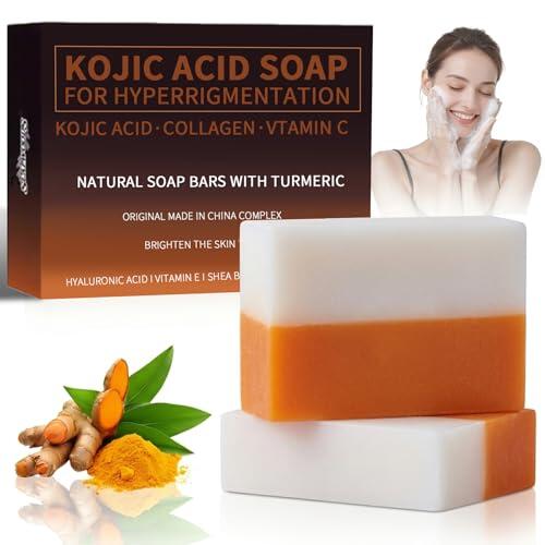 Jabón de Curcuma y Acido Kojico,Jabon de Curcuma Removedor de Manchas Oscuras para la Cara y el Cuerpo,Reduce Hiperpigmentación en Rostro y Cuerpo,Unificar el Tono Piel(100g x2 Pastilla)