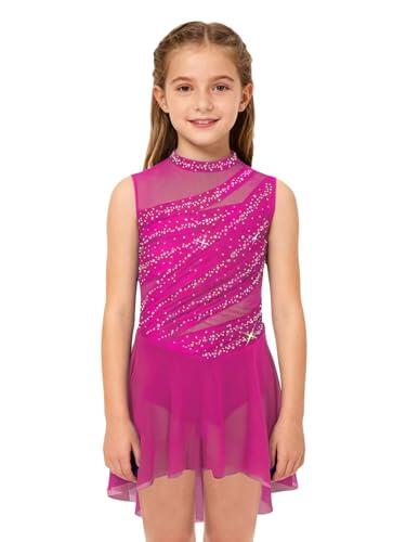 Yihuimin Vestido de patinaje artístico para niña, sin mangas, vestido de patinaje artístico, vestido de ballet, vestido de danza, traje de gimnasia rítmica, maillot de danza, rosa oscuro, 122-128