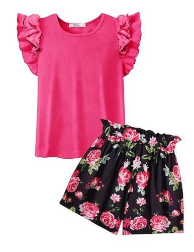 Arshiner Conjuntos Manga Corta para Niñas Camiseta Rosa Roja Cuello Redondo Pantalones Cortos Trajes Niños Conjunto Verano Traje Ocio Moda Ropa Algodón 2 Piezas con Bolsillo 11-12 Años