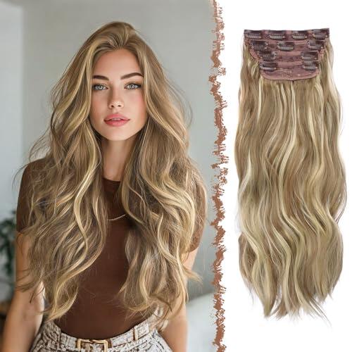FESHFEN Extensiones de Clip Onduladas para Mujer - 4 Piezas 50 cm Largo Ondulado Rizado Extensión de Pelo con Clips Natural Sintética Extensiones de Cabello, Beige Bahama