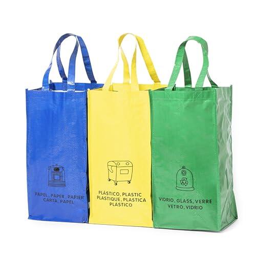 Set 3 Bolsas de Reciclaje Separadas: Cubos de Basura Reutilizables 23x45cm, PP Woven Laminado 125g/m², Asas Reforzadas y Autoadhesivos Laterales para Papel, Vidrio y Plástico - Azul Amarillo Verde