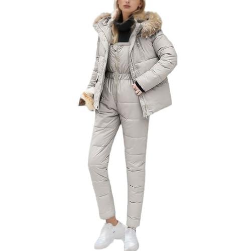 Conjunto de 2 piezas de traje de nieve acolchado de invierno para mujer, chaqueta acolchada con capucha y babero ajustable, pantalones de nieve resistentes al viento, Blanco, XL