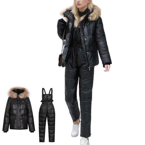 Conjunto de 2 piezas de traje de nieve para mujer, chaqueta acolchada, abrigo de invierno, pantalones de nieve, babero, con capucha, resistente al viento, conjunto de descanso acuático, Negro, XXL