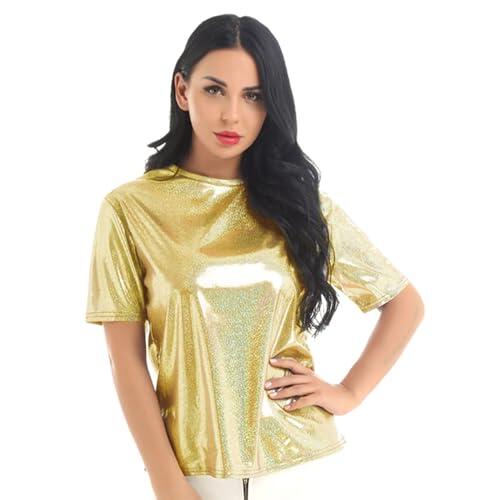 Camiseta metálica de manga corta brillante para mujer, disfraz de extranjero espacial, camiseta holográfica brillante, ropa de club, ropa festiva, color plateado, camiseta de discoteca, dorado, S