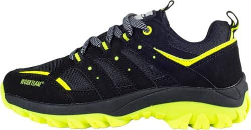 WORKTEAM Zapatilla Trekking con Cordones, Suela TPR Antideslizante, Plantilla con Amortiguación Extraíble Ligera, Ideal para Uso en Exteriores. Unisex Negro+Amarillo Fluor 42