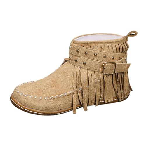 Generisch Moda de mujer e invierno gamuza flecos lateral cremallera botines cálidos cómodos zapatos casuales, caqui, 39 EU