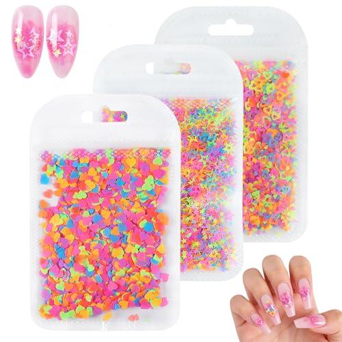Embhlitfe Juego de 3 purpurina para uñas, lentejuelas fluorescentes para decoración de uñas, confeti de neón, confeti, lentejuelas, círculos, mariposas, flores, lentejuelas para decoración de uñas DIY