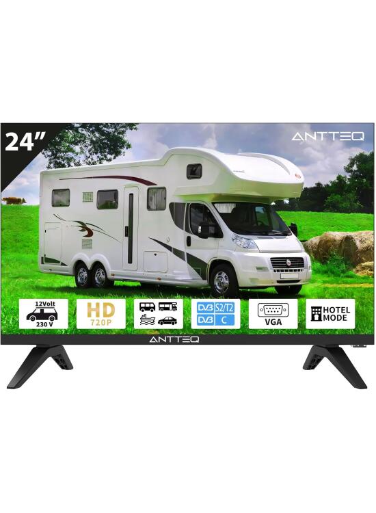 Antteq AE24H5C Televisor LED 24 Pulgadas (60 cm) HD con12V, Triple Sintonizador DVB-C/T2/S2, Modo Hotel, Audio Dolby, Conexiones SCART & Ci+ – Ideal para Autocaravana, Hotel