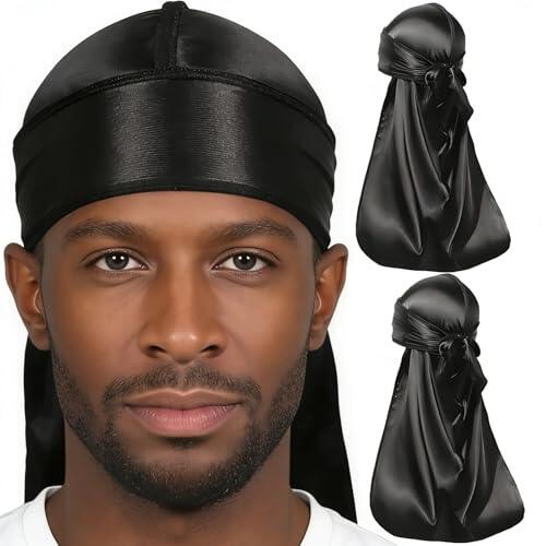 Paquete de 2 Durag de Seda Long Tail Durag Durag Headwraps Gorro de Onda con Cola Larga Transpirable Hip-Hop y decoración Diaria Pirata Cap Unisex