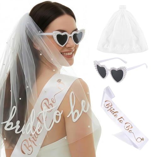 Vesavifaka JGA Accesorios Mujeres, 3 Piezas Velo Banda para la Novia, Gafas de Sol Corazón Perlas, Decoración para Novia, JGA Decoración Mujeres para Fiesta de Boda Despedida de Soltera