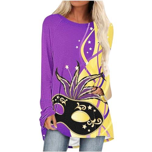 Blusa genérica para mujer, elegante y elegante, para mujer, estampado de máscara, carnaval, camiseta de manga larga, cuello redondo, corte relajado informal para fiestas festivas, Azul oscuro., XXL
