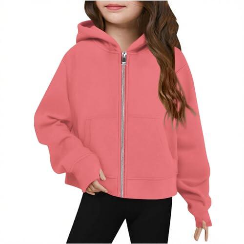 Generisch Sudaderas con cremallera para niñas, sudaderas con capucha para adolescentes, chaquetas de forro polar, conjuntos de moda para niños otoño invierno, Rojo sandía, 9-10 años
