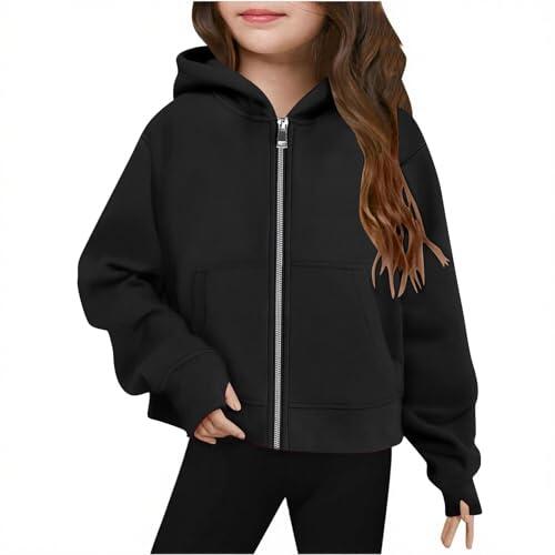 Generisch Sudaderas con cremallera para niñas, sudaderas con capucha para adolescentes, chaquetas de forro polar, conjuntos de moda para niños otoño invierno, Negro , 13-14 años