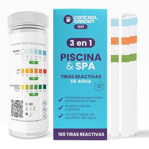 CONTROL GARDEN 160 Tiras pH Reactivas de Prueba 3 en 1 | Test Piscina y Spa | Medidor pH, Broma y Alcalinidad Total Agua Baño | Análisis Rápido en 30 Segundos | Control Preciso