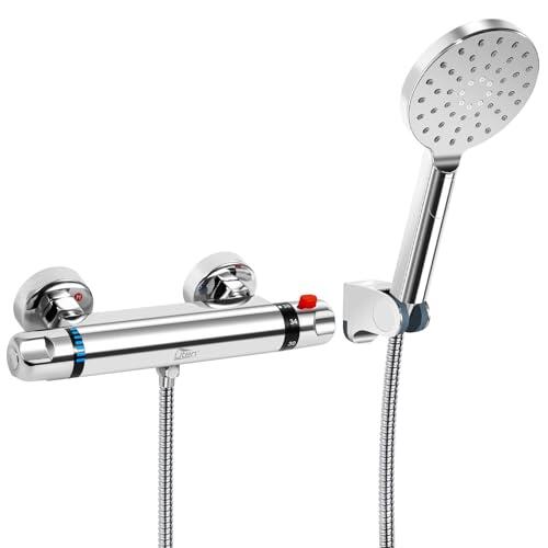 Uten Grifería Termostática de Ducha, Juego Completo con Cabezal 3 Modos, Moneezclador de Latón Cromado, Control de Temperatura Seguro, Montaje en Pared para Baño Familiar