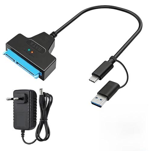 Adaptador USB 3.0 a SATA III para Discos Duros SSD/HDD 2,5" y 3,5", Cable de Transferencia de Datos para Discos Internos y Externos, Incluye Alimentación 12V, Compatible pour Windows, Mac, Linux