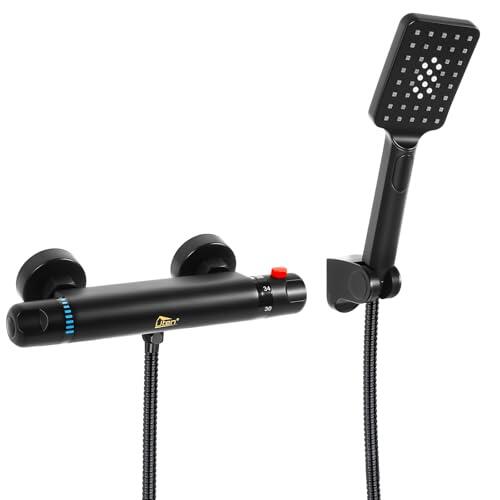 Uten Grifería Termostática de Ducha, Juego Completo con Cabezal 3 Modos, Moneezclador de Latón Cromado, Control de Temperatura Seguro, Montaje en Pared para Baño Familiar, Negro