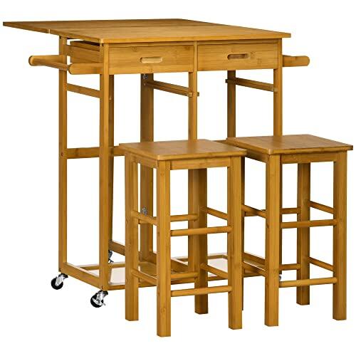HOMCOM Juego de Mesa Alta de Bar con 2 Taburetes, Mesa Alta de Cocina de Bambú con Ruedas, Tablero Abatible, Cajones, Toalleros, Reposapiés y Ahorro de Espacio, Marrón